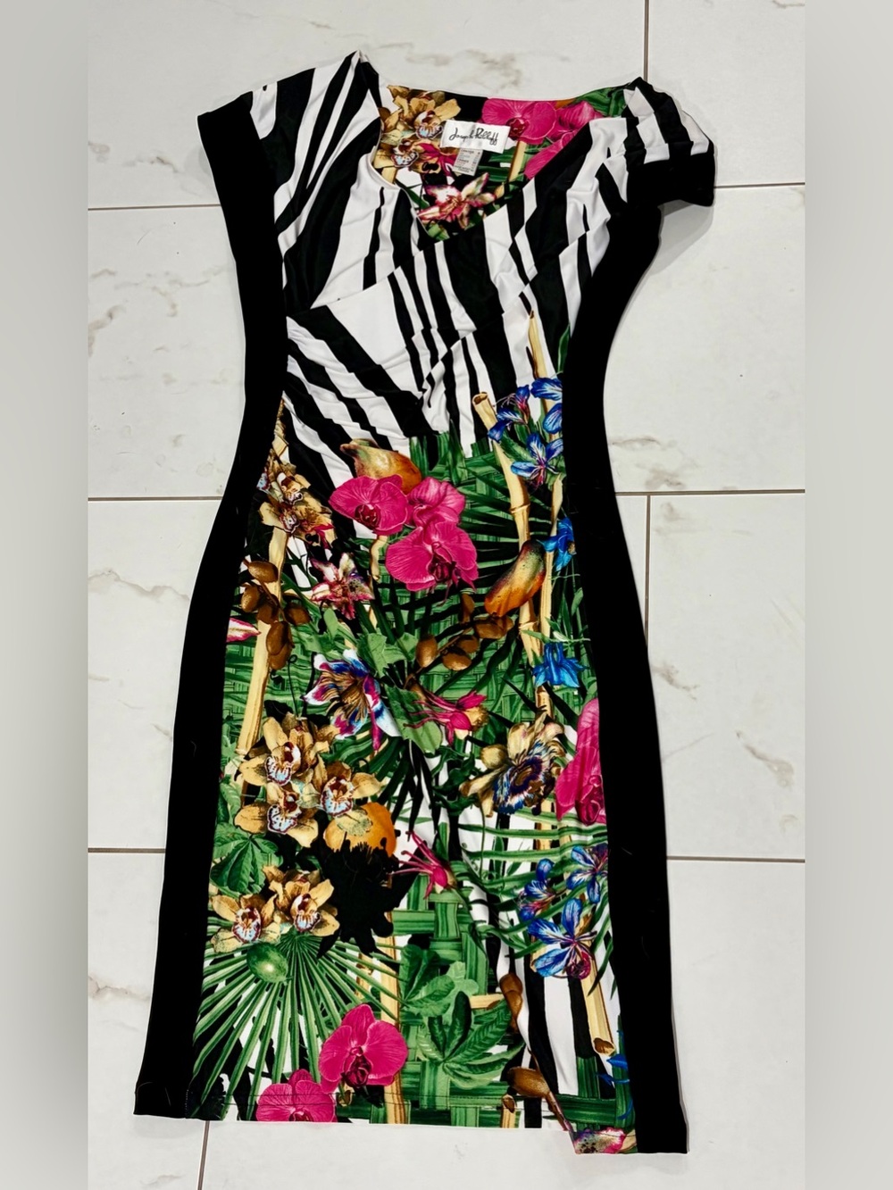 Joseph Ribkoff Floral Tropical Sheath Dress - Black, White & Multicolor 8